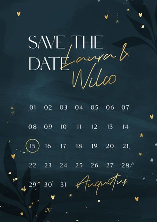 Hippe donkerblauwe save the date kalender met gouden hartjes