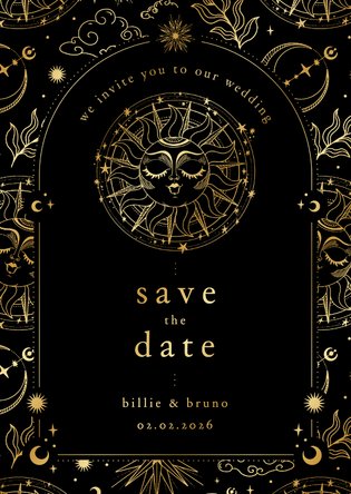 Originele save the date kaart astrologie zon met goudfolie