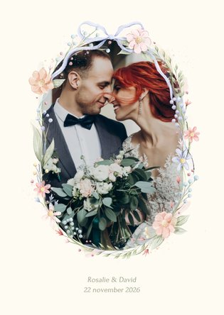 Romantische bedankkaart strik met foto en aquarel bloemen
