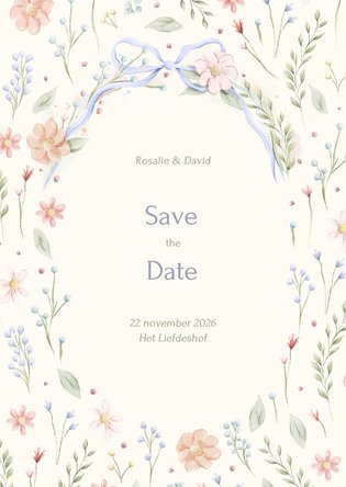 Romantische save the date kaart strik met aquarel bloemen