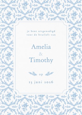 Romantische uitnodiging bruiloft met lichtblauwe roosjes