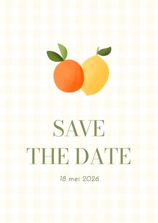 Save the date bruiloft gele ruitjes met citroen en mandarijn