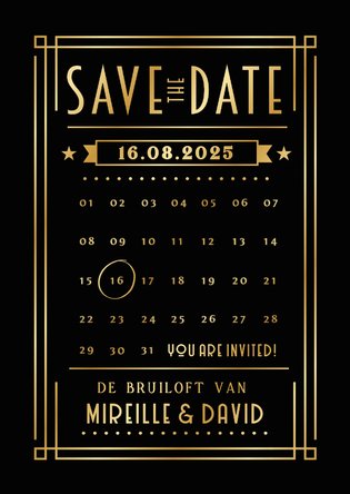 Save the Date kaart in retro poster stijl met goudfolie 