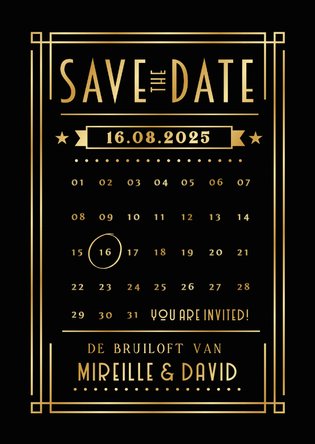 Save the Date kaart in retro poster stijl met goudfolie 