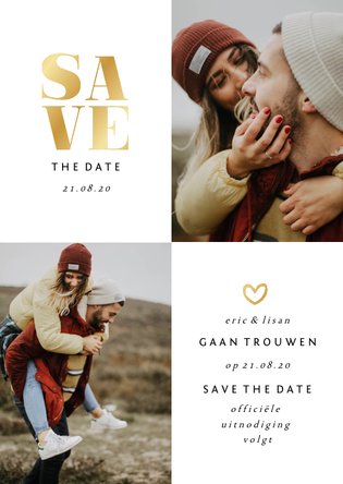 Save the date kaart met foto's en gouden accenten