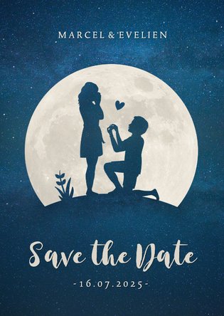 Save the Date kaart met silhouet van aanzoek in volle maan