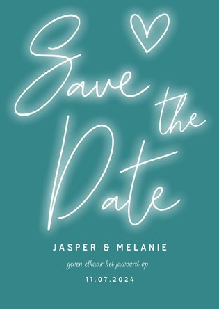 Save the date kaart neon letters, hartje en foto