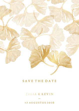 Save the date kaart voor de bruiloft ginkgobladeren stempel