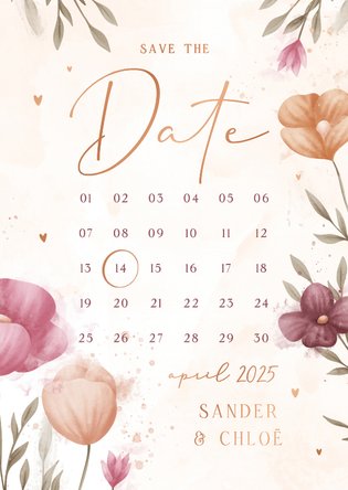 Save the date kalender waterverf bloemen met koperen hartjes