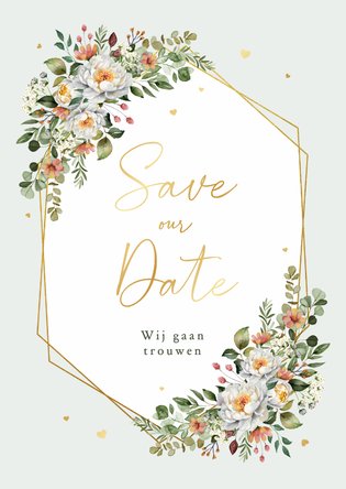 Save the Date romantisch bloemen stijlvol hartjes goud