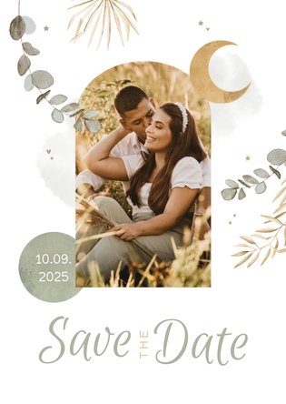 Save the date trouwkaart Arabisch eucalyptus maan goud foto