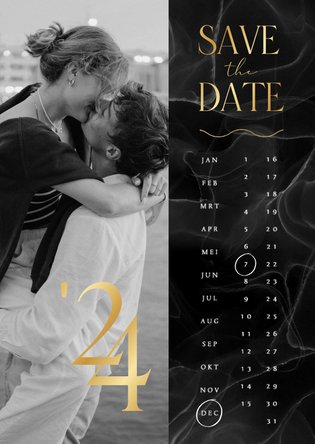 Save the date trouwkaart marmer zwart kalender goud foto