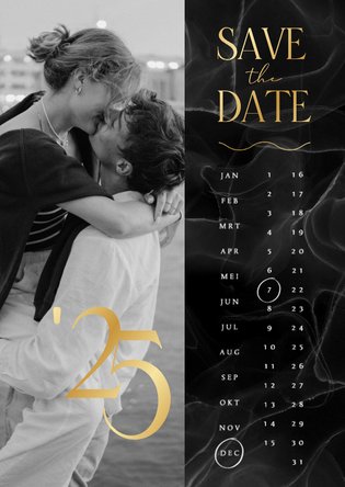 Save the date trouwkaart marmer zwart kalender goud foto