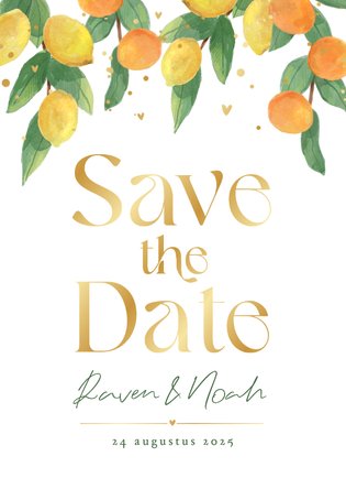 Save the date trouwkaart Mediterraans citrus goud hartjes