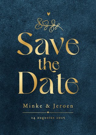 Save the date trouwkaart velvet blauw goud sierlijk