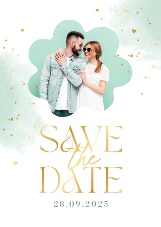 Save the date trouwkaart waterverf mint goud spetters foto