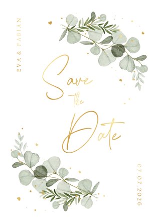 Save the date uitnodigingskaart eucalyptus goud hartjes