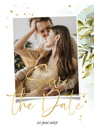 Stijlvolle save the date fotokaart botanische bladeren goud