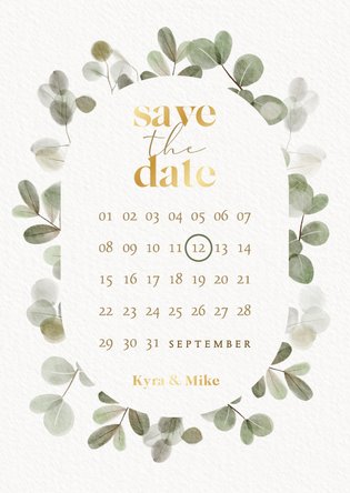 Stijlvolle save the date kalender eucalyptus en goudfolie