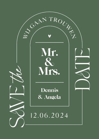 Stijlvolle save the date trouwkaart grafisch olijfgroen