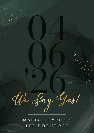 Stijlvolle trouwkaart soft watercolor 'We Say Yes' goud
