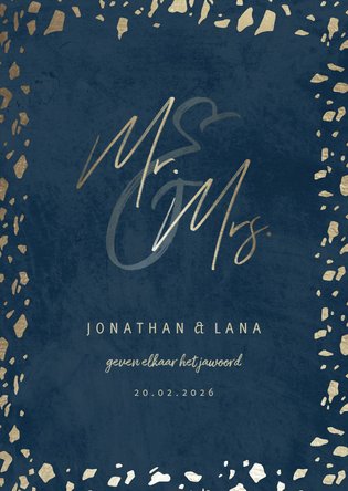 Trouwkaart 'Mr & Mrs' donkerblauw met terrazzo patroon