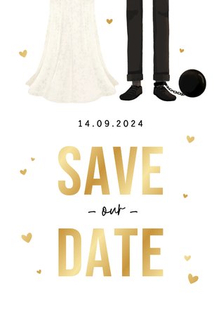 Trouwkaart save the date grappig cartoon humor hartjes goud