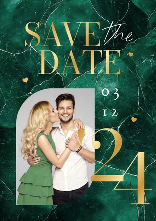 Trouwkaart Save the Date groen marmer stijlvol goud foto