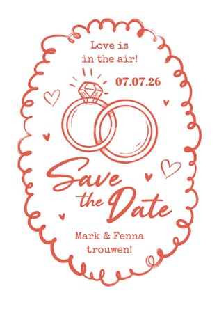 Trouwkaart save the date trouwen ringen doodle roze