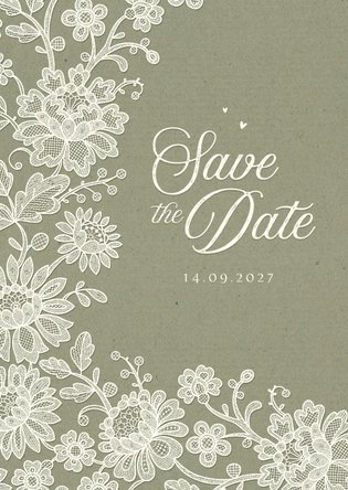 Trouwkaart save the date vintage kant kraft groen klassiek