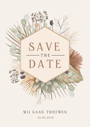 Vintage bohemian Save the Date kaart met droogbloemen 