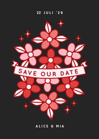  Zwarte save the date kaart met rode en roze bloemen