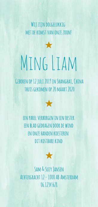 Adoptiekaartje voor een jongen met lampion in waterverf Achterkant