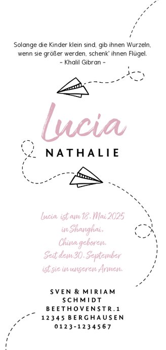 Adoptionskarte Papierflugzeug rosa Rückseite