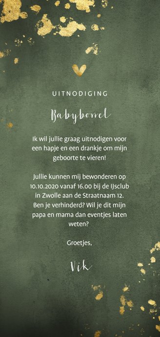 Babyborrel groene waterverf gouden spetters Achterkant