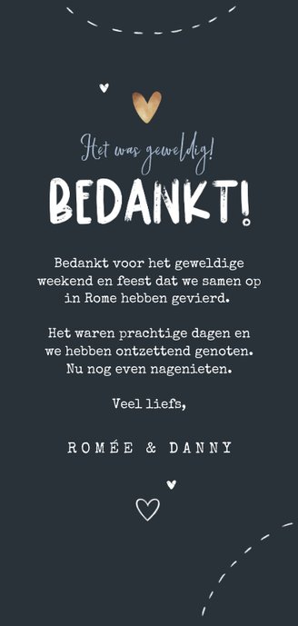 Bedankkaart bruiloft fotocollage kurk punaise hartjes Achterkant