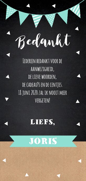 Bedankkaart communie foto driehoekjes langwerpig mint Achterkant