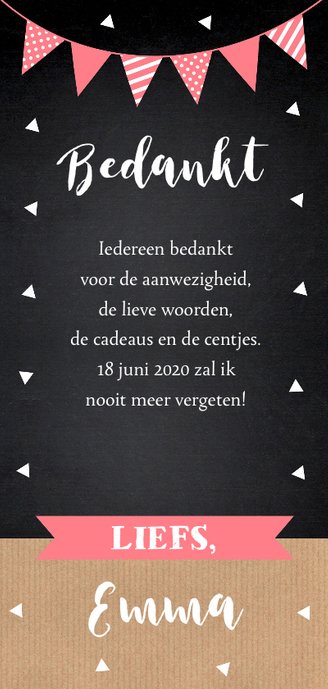 Bedankkaart communie foto slinger roze Achterkant