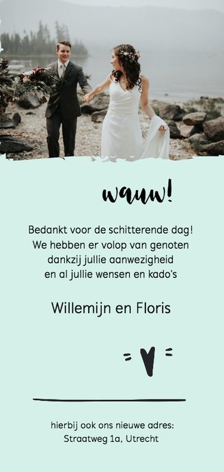 Bedankkaart huwelijk modern foto langwerpig Achterkant