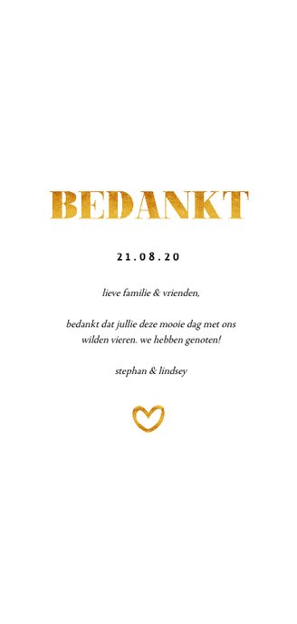 Bedankkaart lang met fotocollage en gouden accenten Achterkant