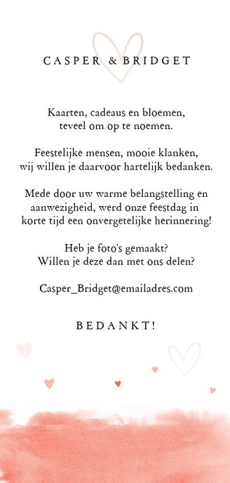 Bedankkaart langwerpig bruiloft aquarel coral pink Achterkant