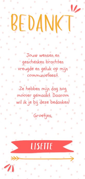 Bedankkaart meisje typografisch met confetti en eigen foto Achterkant