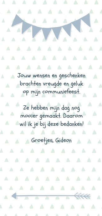 Bedankkaart typografisch met pijlen slingers jongen Achterkant