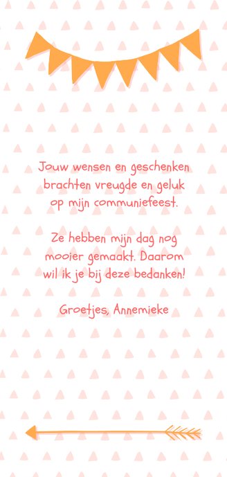 Bedankkaart typografisch met slingers en pijlen meisje Achterkant