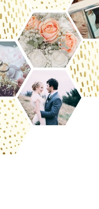 Bedankkaart zeshoek fotocollage met gouden confetti Achterkant