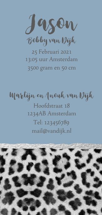 Blauw panterprint geboortekaartje langwerpig 3