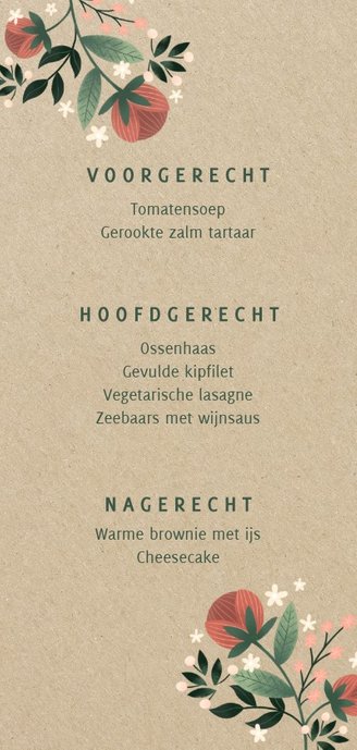 Botanische menukaart met bloemen, planten en kraftlook Achterkant