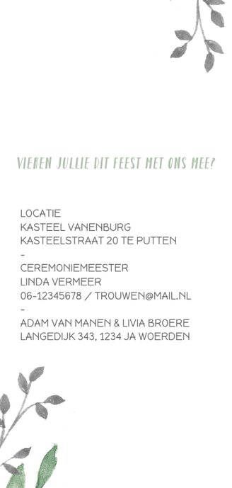 Botanische trouwkaart met groene en grijze takjes Achterkant