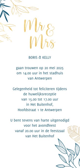 Botanische uitnodiging met goudlook Achterkant