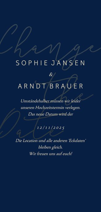 Change-the-Date-Karte Hochzeit Goldene Schrift Rückseite